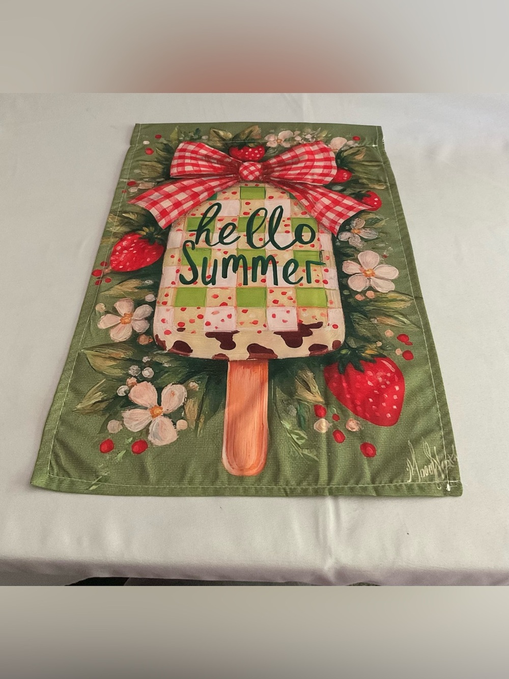Hello Summer Popsicle Garden Flag - Green with Red Strawberries
